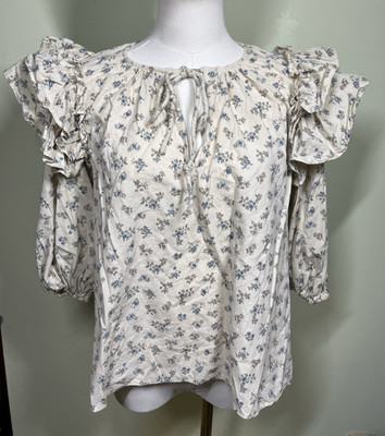 Neuflora Mable Blouse Women's Size L Beige Floral Ruffle Sleeve Cottagecore Boho