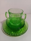 Vintage Lot Of 8 Pc Green Uranium Glass Plates 5.6"- 8" Round Thumbprint W/Cup
