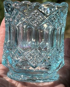 Vintage Imperial Ice Blue Iridescent Glass Diamond Panel Toothpick Holder