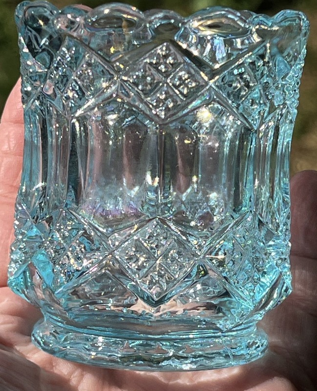 Vintage Imperial Ice Blue Iridescent Glass Diamond Panel Toothpick Holder