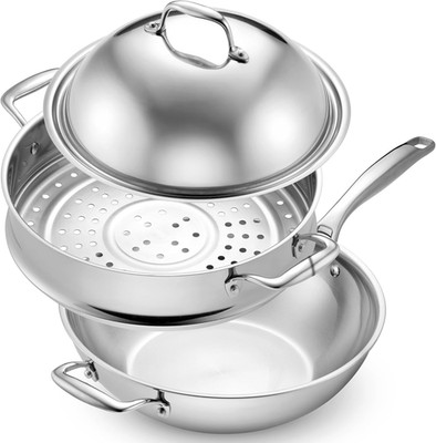5-Ply Stainless Steel Wok Set, 12-Inch 5-Quart with Lid and Steamer - Induction 