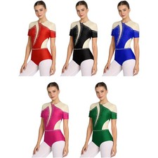 Women Bodysuit Competition Leotard Short Sleeve Dancewear Rhinestones Dance