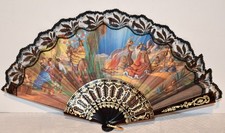 Vintage Spanish Hand Painted Fabric Folding Hand Fan w/Lace