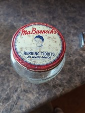 Vintage Ma Baensch's Herring Tidbits Glass Barrel Jar W/Red Metal Lid