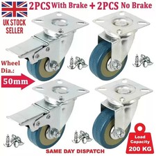 4 x Heavy Duty 50mm Rubber Swivel Castor Wheels Trolley Furniture Caster Brake