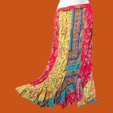 vtg Y2K 90s XL Bohemian Festival Patchwork Paisley Ruffle Midi Skirt Hippie 5Y