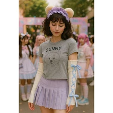 Y2K Knit Arm Warmers White Blue Gingham Ribbon Lace Up Sleeves Kawaii Harajuku