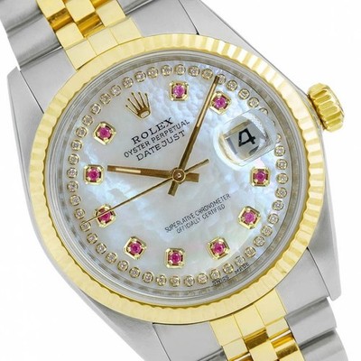 Rolex Datejust 16233 Two-Tone 18KY Gold & SS White MOP Ruby Dual Jubilee Watch