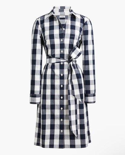 NWT J.Crew Navy White Gingham Poplin Tie Waist Collared Shirt BeltedDress Size 8
