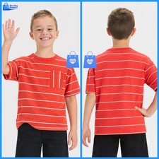 Large 10 12 - Boys Short Sleeve Striped Pocket T-Shirt - Cat Jack - Red