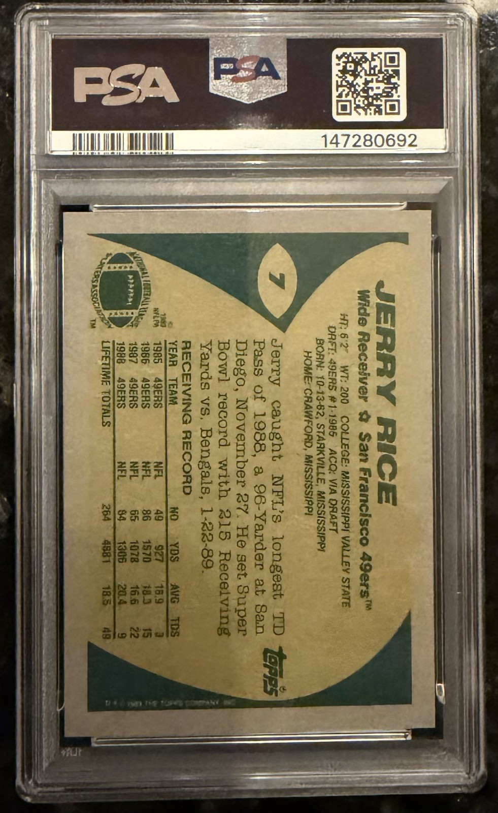1989 Topps Football Jerry Rice #7 PSA 10 GEM-MT HOF 49ERS NEW LABEL view 2