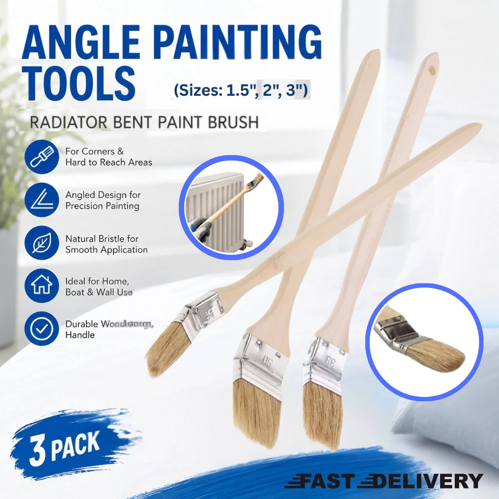 3pc Curved Angle Paint Brush Set Long Handle Bent Head Decorating DIY Brushes - Picture 1 of 6