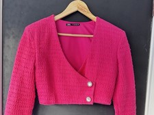 zara cropped blazer jacket Pink knit textured Size M 100 Cotton Preppy 2 button