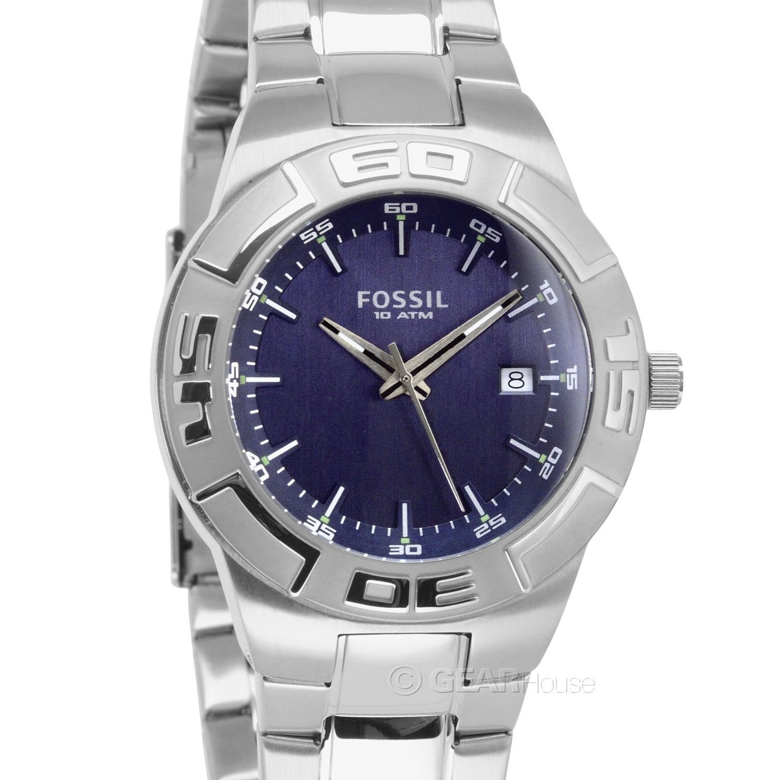 FOSSIL Mens 100m Casual Diver Watch, Blue Dial Date, Silver Stainless Steel Band