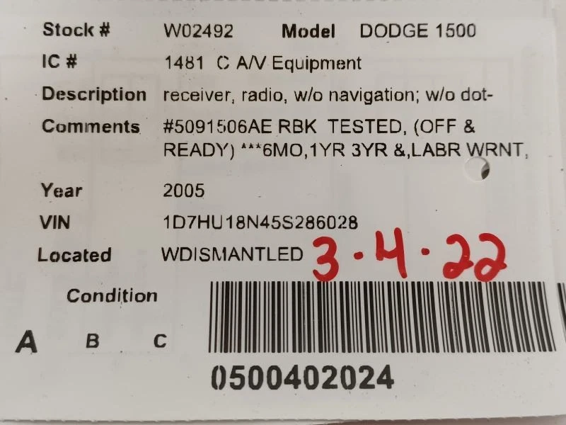 Equipo de audio receptor de radio identificación de radio Rbk compatible con 02-07 caravana 1279500 Foto 4 de 4