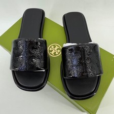 NEW Tory Burch Double T Sport Slide Patent Leather Perfect Black 141380 Sz 5