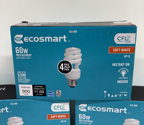 EcoSmart CFL 60W Replacement Light Bulbs 4-Pack x3 Boxes – Soft White GP19 - Picture 2 of 5