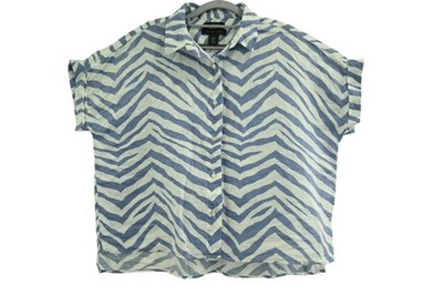 Tahari 100% Linen Short Sleeve Blouse Sz M Blue White Zebra Print Relaxed Casual