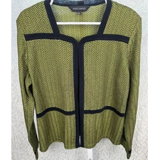 Ming Wang Textured Knit Jacket Cardigan Green Black Trim Women's Large
