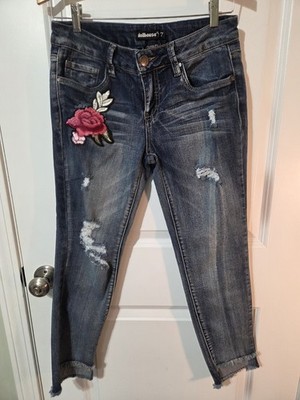 Dollhouse Charley Jeans  Blue Denim Ankle Distressed Women Size 7 Rose Patch 