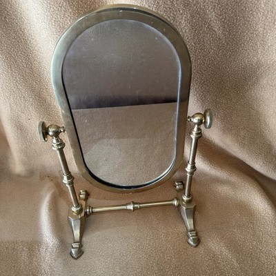 VINTAGE ART DECO BRASS FOOTED TABLETOP SHAVING VANITY MIRROR TILTING ADJUSTABLE
