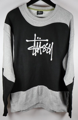Stussy Colour Block Crew Neck Sweatshirt Big Logo Embroidered (Black/Grey, L)