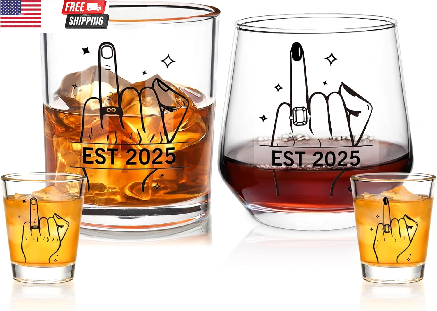 Ring Finger Est 2025 Wine Glasses Set of 4 - Elegant Wedding Gift for Couples-image