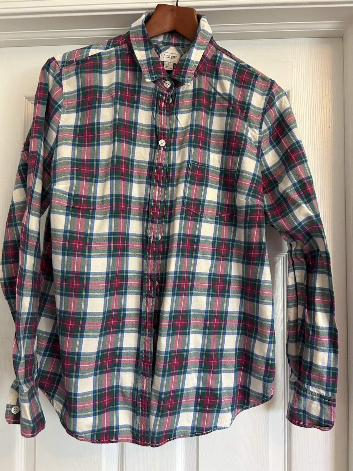 J. Crew Classic Preppy Blue White Pink Plaid Button Down Shirt Cotton Large L