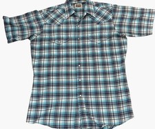Ely Cattleman Mens Short Sleeve Pearl Snap Western Shirt Blue Plaid Sz M Ranch