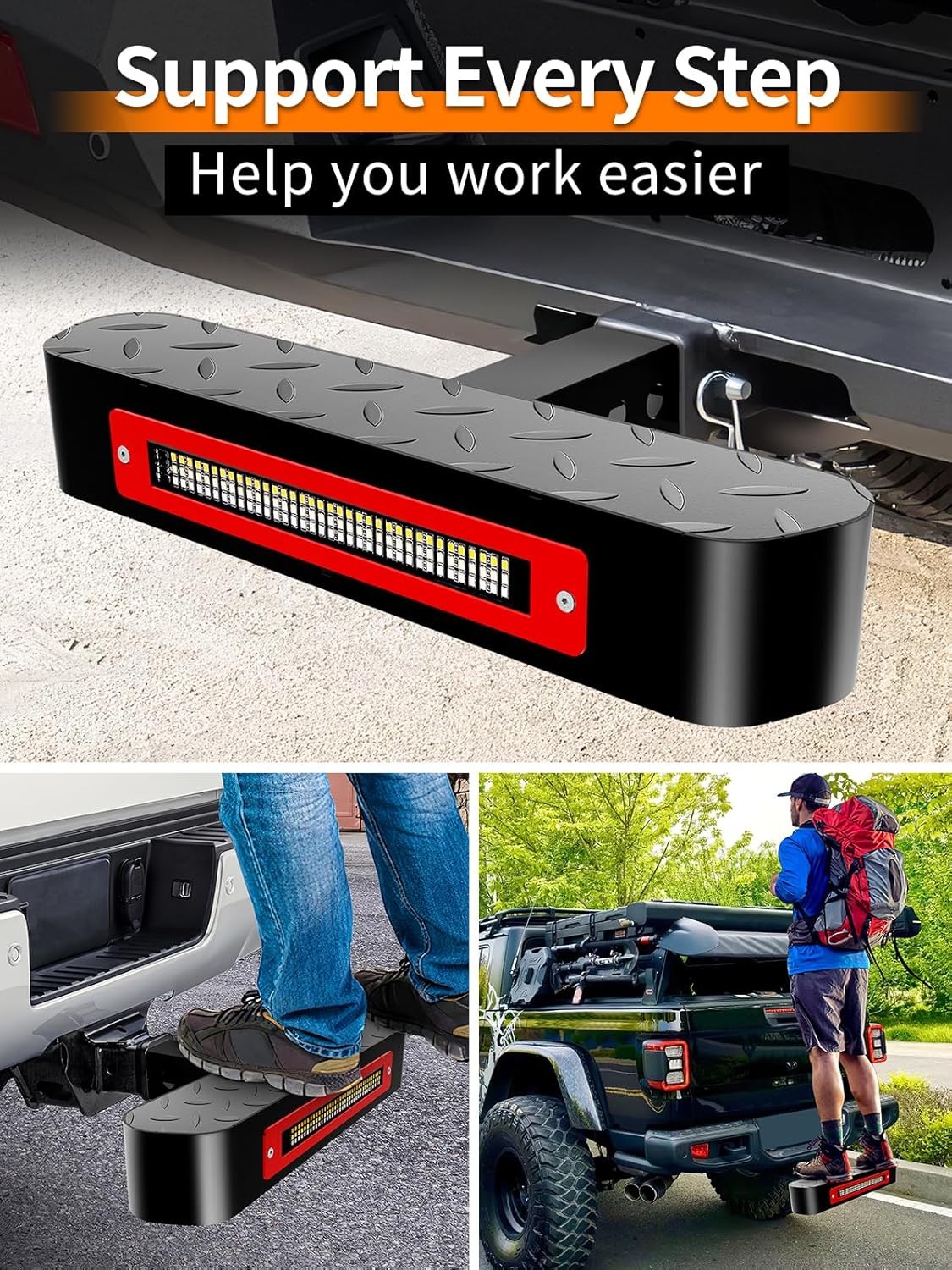 2" Receiver Tow Hitch Step Bar for Truck SUV w/ LED 6 Mode Lights Black