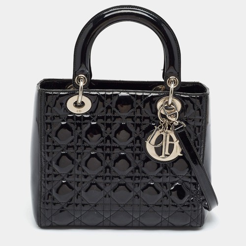 Dior Lady Dior Medium Black Cannage Patent Leather Tote