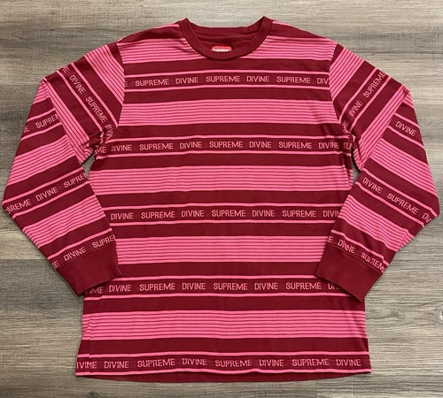 Supreme Divine Sweat Homme L Manches Longues Col Rond Pull Rayé Rouge Rose