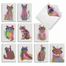 20 Assorted Blank Cards (10 Designs, 2 Ea) - Funky Rainbow Cats AM6199OCB-B2x10