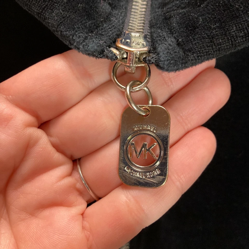 Michael Kors Mujer M Terciopelo Cremallera Sudadera Chaqueta Negro Logo Bolsillos Diseñador Foto 3 de 4