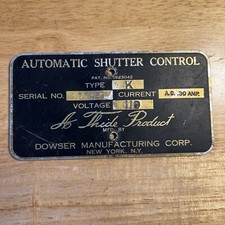 Vtg 35MM Projector Dowser MFG Automatic Shutter Control Data Plate Tag Plaque NY