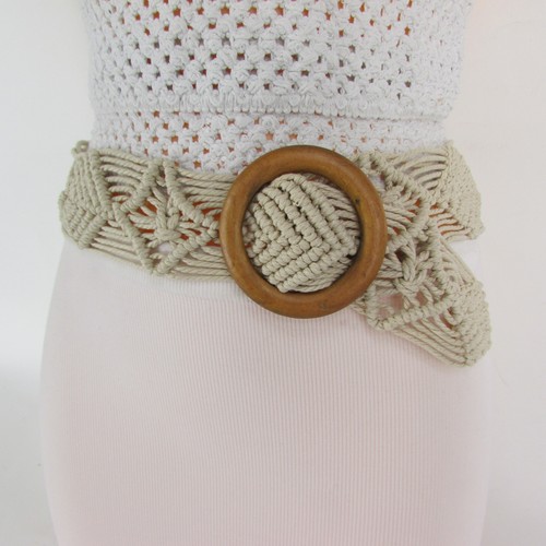 Women Beige White Brown Knited Braided Fabric Fashion Belt Round Wood Buckle S M - 第 34/47 張圖片