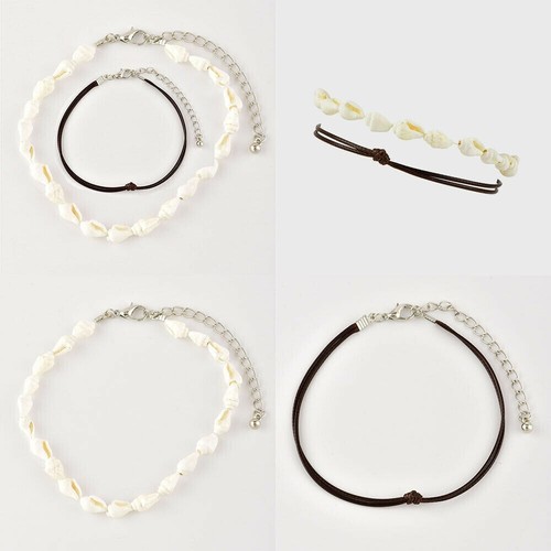 White Sea Shell and Brown Cord Adjustable Length Bracelet Anklet - 2 Piece Set - Picture 2 of 4