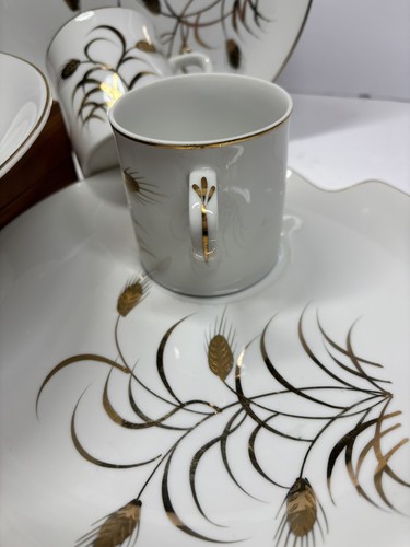 3 Vtg Gold Wheat China Tea Coffee Cups Plates Dessert Luncheon Snack Set 1950's - Picture 7 of 11