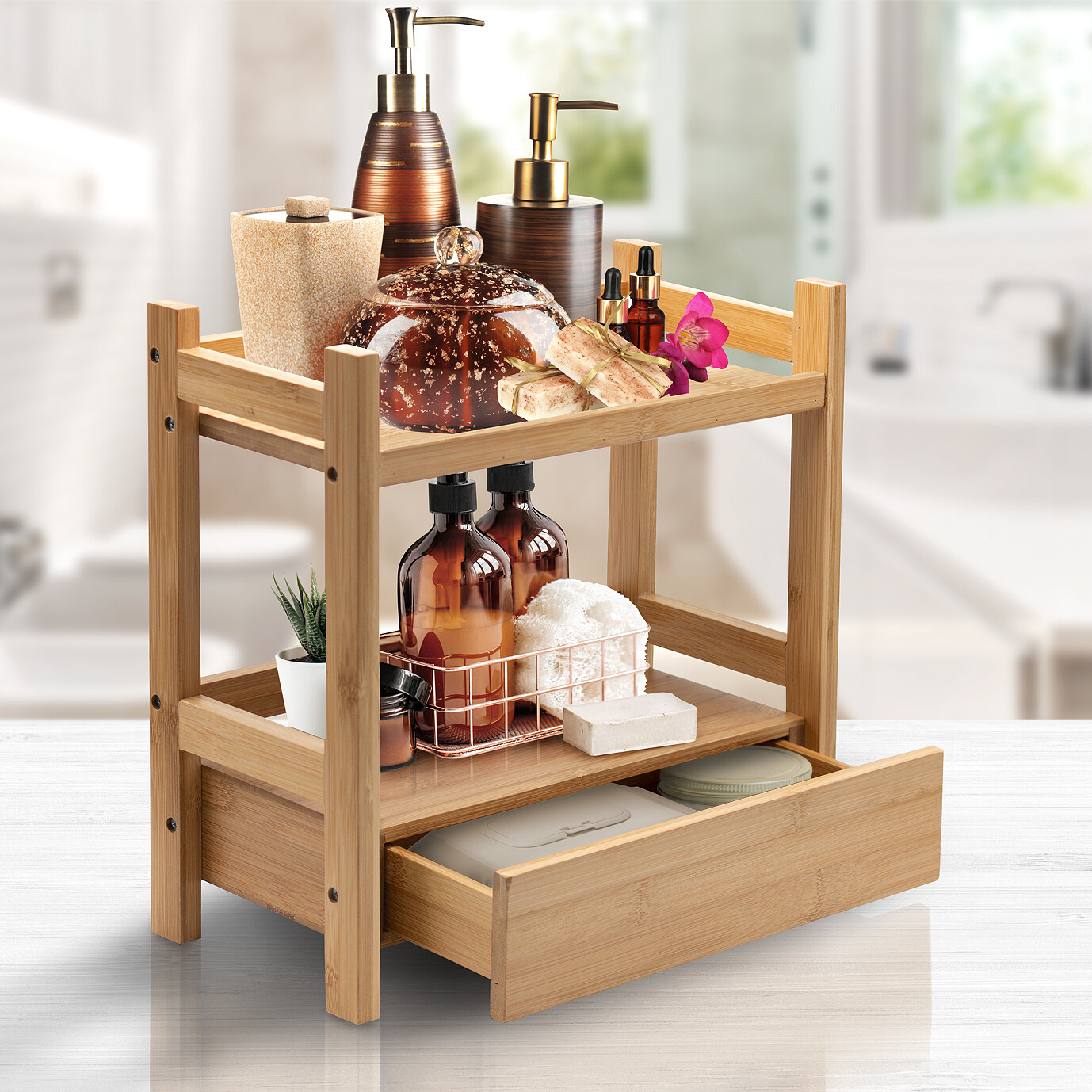 Sorbus Bamboo 2 Tier + Drawer Kitchen & Bathroom Countertop Storage ...