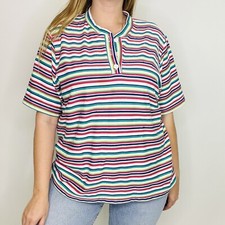 Vintage 80s 90s Rainbow Striped Short Sleeve Henley T-Shirt USA Made XL Womens
