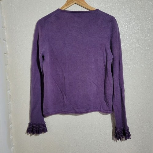 y2k DKNY 100% Merino Wool Silk Ruffle Accent Button Down Cardigan sz L Purple - Picture 7 of 10