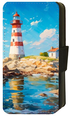 Leuchtturm Ölgemälde bedruckt iPhone Pixel Galaxy Geschenk Flip/Geldbörse Etui (D)