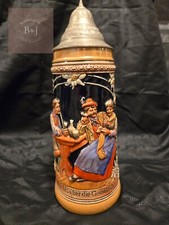 Vintage German Beer Stein with Pewter Lid Featuring 2 Men and Woman in Pub