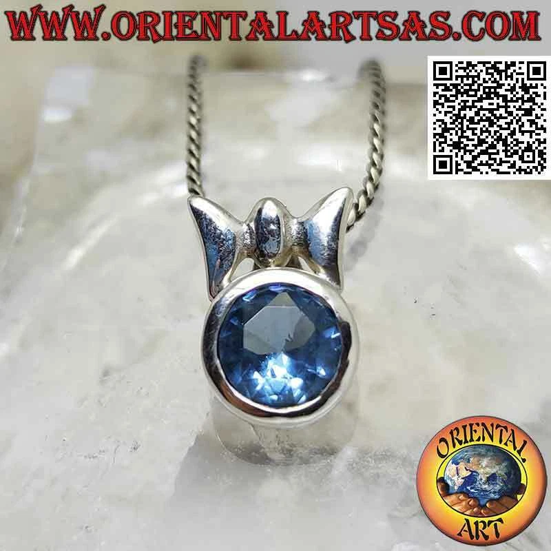 Ciondolo in argento 925‰ topazio azzurro tondo sfaccettato con gancio triplo lis - Immagine 3 di 4