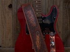 HANDMADE LEATHER GUITAR STRAP WITH FEATHER AND FLOWER EMBOSSING