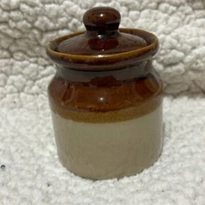 Vintage Brown-Tan Stoneware Crock with Lid Rustic Farmhouse Decor