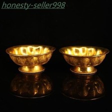 5'' Marked China dynasty bronze 24k gold Gilt flowers statue Tea Bowl Bowls pair