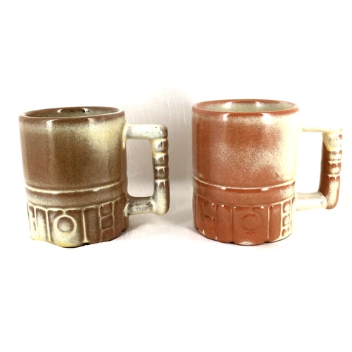 Lot of 2 Frankoma Mayan Aztec Mugs Desert Gold C4 Cups 10 oz Excellent Condition