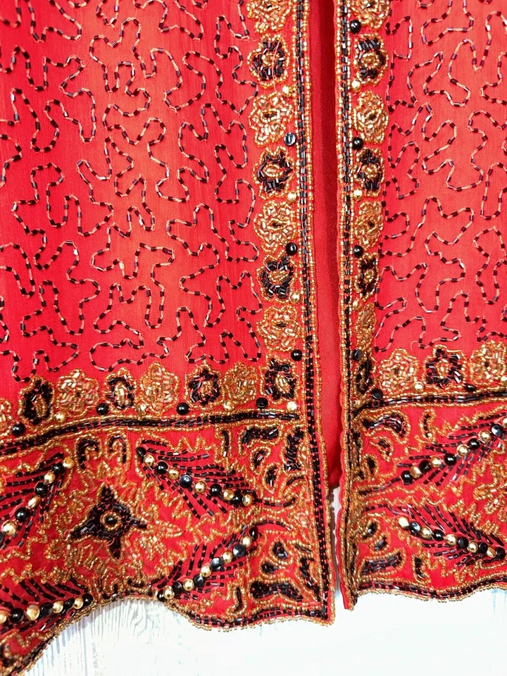 Chaqueta abierta Laurence Kazar 100 % seda pura vintage nueva con etiquetas 2XL roja y dorada con cuentas Foto 2 de 4