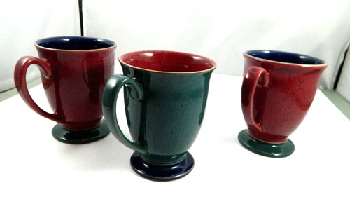 Denby Harlequin Stoneware Set of 3 Coffee Footed Mugs Green Red Blue England